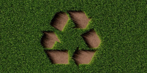 在棕壤背景 环境或循环利用的概念上 从草坪上剪下循环利用的符号 从上方平铺顶部看 3D图解 — 图库照片