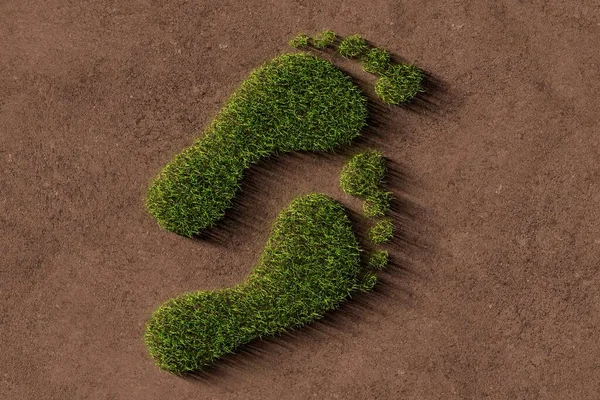 茶色の土壌の背景 生態学 環境または炭素フットプリントの概念 3Dイラスト上の草から作られた2つの足跡の形のシンボル — ストック写真