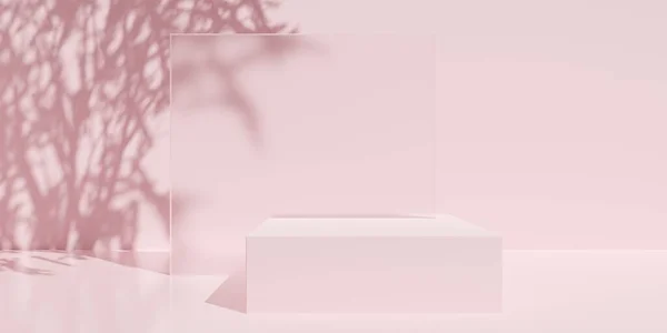 Empty Blank Square Podium Dais Pink Room Background Tree Shadow — Stock Photo, Image