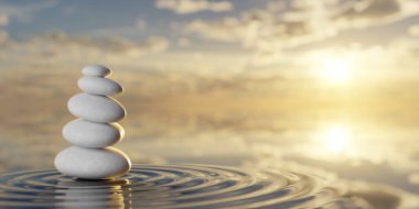 Dalgalı su yüzeyinde dengede beyaz çakıl yığınları gökyüzü günbatımı arka planı, zen, spa, yoga veya meditasyon konsepti, 3D illüstrasyon