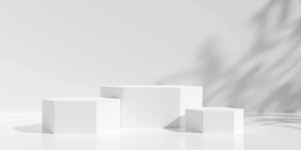 背壁や反射床 製品やデザインの配置テンプレート上の木の影と白い部屋の背景に3つの空 空白の六角形の形の表彰台やデイジー 3Dイラスト — ストック写真