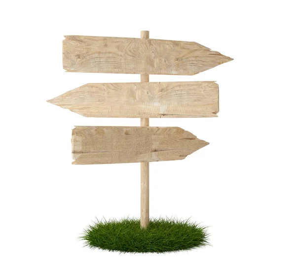 テキスト用の部屋と緑の芝生のパッチ上の3つの空の 空白の木製の矢印記号 白い背景に隔離された木製のボードの方向の標識テンプレート 3Dイラスト — ストック写真