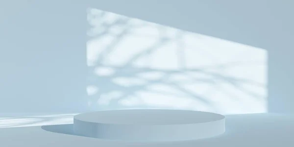 木や窓の影 製品やデザインの配置テンプレート 3Dイラストとパステルブルーの部屋の背景に空 空白の 丸い表彰台やデイジー — ストック写真