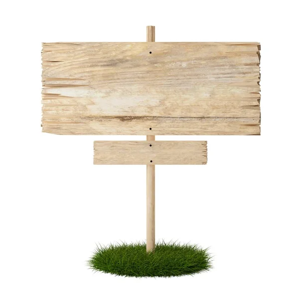 テキスト用の部屋と草のパッチ上の大小空の空白の木製の看板 白い背景に隔離された木製の板の看板テンプレート 3Dイラスト — ストック写真