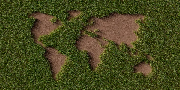 Mapa Mundo Solo Marrom Globo Cortado Partir Fundo Grama Ambiente — Fotografia de Stock