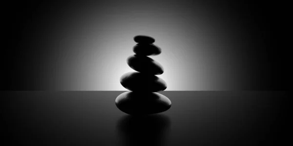 Stack Black Zen Pebbles Stones Black Wall Background Backlit Illustration — Stock Photo, Image