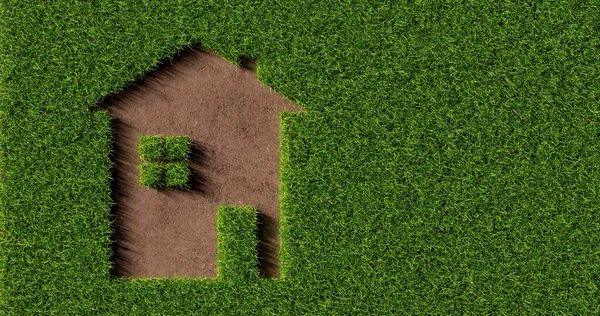 从草地 生态或可持续生活概念中切割出来的棕壤背景上的绿色草屋图标形状 从上方平铺顶视图 3D插图 — 图库照片