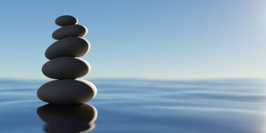 Stack of black pebbles in balance on blue water surface with sky background, zen, spa, yoga or meditation concept, 3D illustration clipart