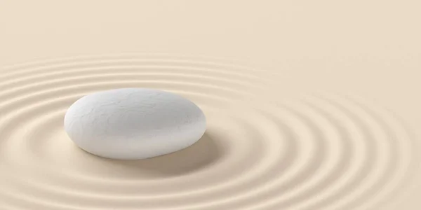 Pedrinhas Brancas Únicas Fundo Areia Com Ondas Circulares Zen Simplicidade — Fotografia de Stock