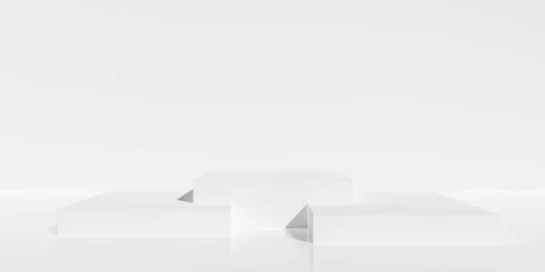 Três Pódios Vazios Branco Forma Caixa Estrado Fundo Sala Branca — Fotografia de Stock