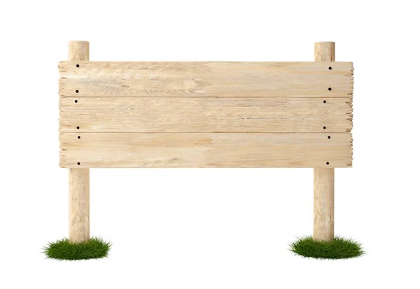 Prázdná Prázdná Velká Dřevěná Cedule Přibitá Dvou Dřevěných Sloupcích Zelených — Stock fotografie