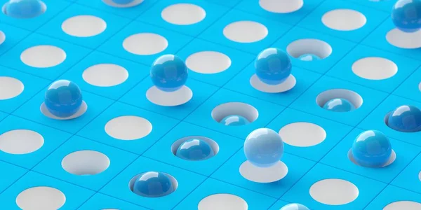 带有孔 抽象业务或数据概念 选择性焦点 3D插图的白色Adn蓝色网格背景中的蓝色球体 — 图库照片