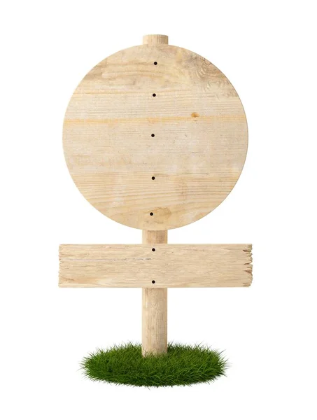 Okrągłe Prostokątne Puste Drewniane Znaki Drewnianej Słupku Zielonej Trawie Miejscem — Zdjęcie stockowe