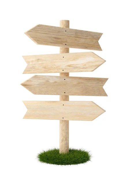 一组四个角度的空的 空白的木制箭头标志绿色草地上的文字空间 木板方向标志模板隔离在白色背景 3D插图 — 图库照片