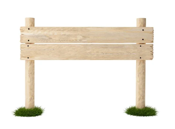 两个宽的 空白的大木板标牌钉在绿色草地上的两个木柱上 上面有文字空间 木板标牌模板用白色背景隔开 3D插图 图库图片