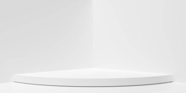 Beyaz oda arka planında boş, boş yuvarlak kürsü veya platform açılı beyaz yan duvarlar, modern minimal ürün sunum şablonu, 3D illüstrasyon