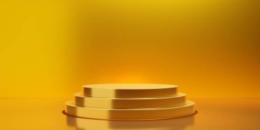 Altın oda arka planında boş, boş yuvarlak kürsü veya platform, minimum modern lüks ürün sunum şablonu, 3D illüstrasyon