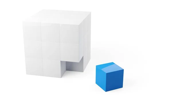 白い背景 卓越したまたは違いのビジネスコンセプト 3Dイラストに際立っている1つの青い立方体の白い立方体のブロック — ストック写真