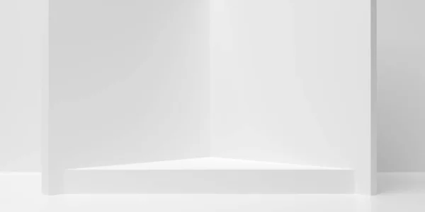 Esvaziado Triângulo Branco Dais Plataforma Fundo Sala Branca Com Paredes — Fotografia de Stock