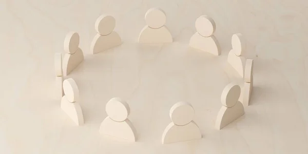 Träfigurer Som Står Cirkel Ett Träbord Bakgrund Diskussion Och Samarbete — Stockfoto