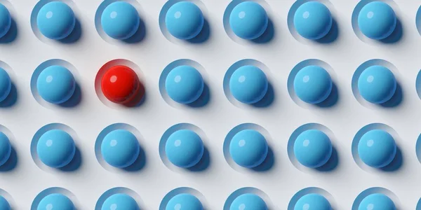 白い背景に青いボールの配列で赤いボール 目立つの概念 異なるされています 包括性または一意性の概念 3Dイラスト — ストック写真