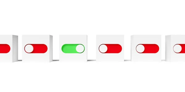 緑のスイッチがオンになっている1つの白いキューブシリーズまたは赤のスイッチの白いキューブの行白の背景にオフになって 群衆から際立っていると別の概念 3Dイラスト — ストック写真