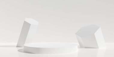 Beyaz oda arka planında boş, boş, yuvarlak podyum ya da kürsü iki altıgen sütun, ürün ya da dizayn yerleştirme şablonu, üç boyutlu resimleme