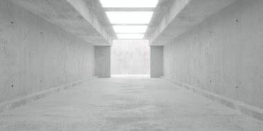 Soyut boş, modern beton oda koridoru, sıra sıra ışıklar ve kaba zemin - endüstriyel iç plan şablonu, 3 boyutlu illüstrasyon