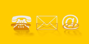 Sarı telefon, zarf mektup ve e-posta sembolleri kağıdı sarı arkaplanda kesilmiş, bizimle iletişim kurun semboller veya afişler, 3D illüstrasyon