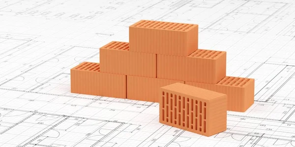 建築構造図の背景 産業コンセプト 3Dイラストの前面に赤レンガの石のスタック — ストック写真