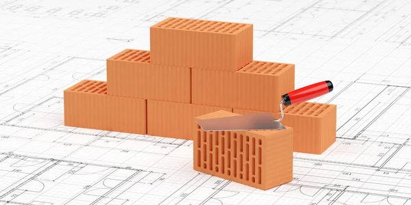 建築建築建築図面の背景 産業コンセプト 3D図面の上にタオルが付いている赤レンガの石のスタック — ストック写真