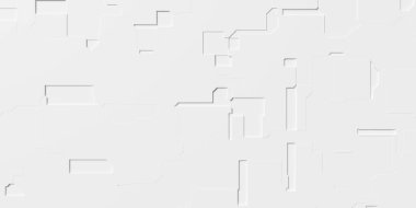 Rastgele şekillendirilmiş beyaz giriş panelleri geometrik arkaplan duvar kağıdı afişi veya şablon düz yukarıdan uzanır, 3D illüstrasyon