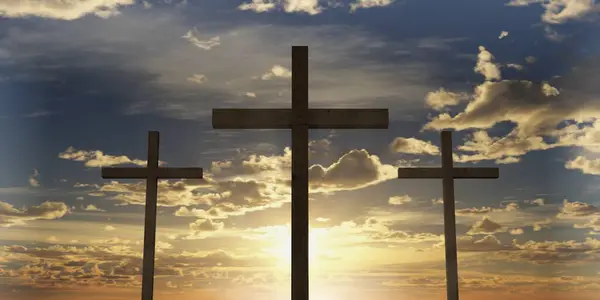 Três Crucifixos Cristãos Jesus Cristo Cruzes Retroiluminadas Pôr Sol Céu — Fotografia de Stock