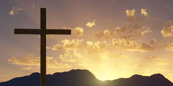 耶稣基督基督教十字架或十字架背光从日落或日出的天空与云 复活或基督教的概念 3D插图 图库图片