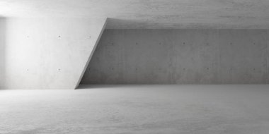 Soyut boş, modern beton oda eğimli çift katlı duvar ve kaba zemin - endüstriyel iç arka plan şablonu, 3 boyutlu illüstrasyon