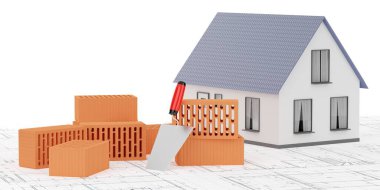 Beyaz zemin, inşaat, inşaat veya sanayi konsepti üzerine çizim planları, 3 boyutlu illüstrasyon üzerine mala ve minyatür ev modeliyle istiflenmiş kırmızı tuğla taşlar yığını