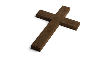 Tahta İsa Hristiyan haçı ya da beyaz arka planda haç, Tanrım, diriliş ya da Hristiyanlık konsepti, 3 boyutlu illüstrasyon