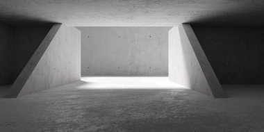 Soyut, boş, modern beton oda, avluya ve kaba zemine açılıyor - endüstriyel iç plan şablonu, 3D illüstrasyon