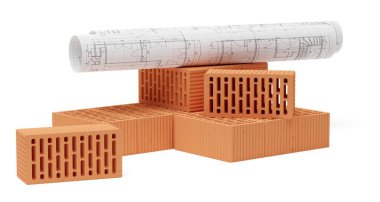 Beyaz arka plan, inşaat, inşaat, inşaat veya inşaat sektörünün üzerine yığılmış kırmızı tuğla taşlar grubu, 3D illüstrasyon