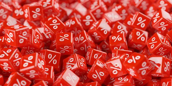 Heap of red cubes or dice with percent sign symbol, sale, discount or sales price reduction concept background, selective focus, 3D illustration