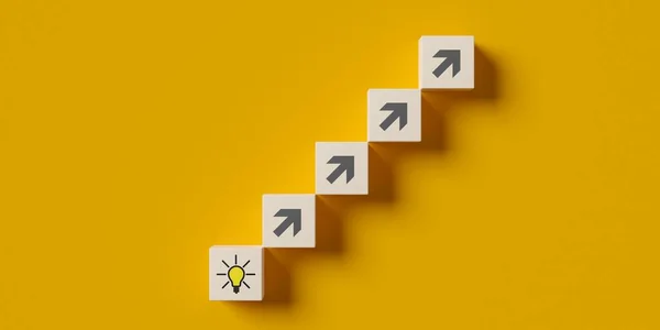 Steps from light bulb symbol to wood blocks with arrows on yellow background flat lay from above, idea or innovation to solution or implementation business concept, 3D illustration