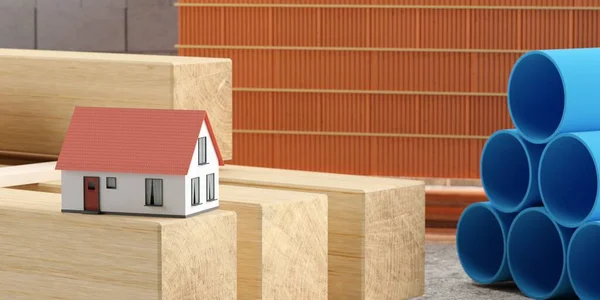 Miniature house model on wood beams in front of collection of building or construction materials with concrete bricks and pvc pipes, selective focus, 3D illustration