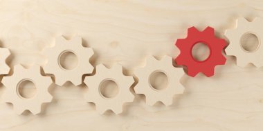 Ahşap dişliler ya da ahşap masa üstü manzaralı dişliler, iş süreci, takım çalışması konsepti, 3D çizim