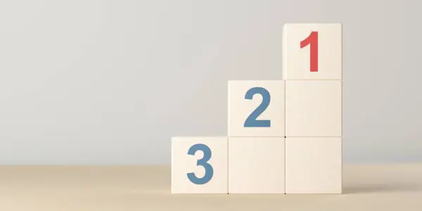 Rising steps of wooden blocks with numbers one, two and three, plan, priority or winner business concept, 3D illustration