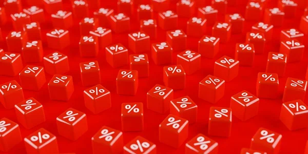 Red cubes or dice with percent sign symbol laying on red background, sale, discount or sales price reduction concept, selective focus, 3D illustration