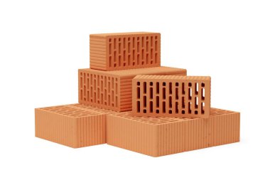 Beyaz zemin üzerine istiflenmiş kırmızı tuğla taşlar grubu, inşaat, inşaat, inşaat veya inşaat endüstrisi konsepti, 3D illüstrasyon