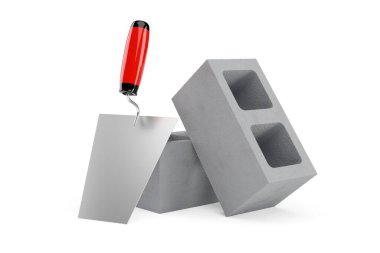 Beyaz arka planda malalı iki gri beton ya da beton tuğla taş, inşaat, inşaat veya inşaat endüstrisi konsepti, 3D illüstrasyon