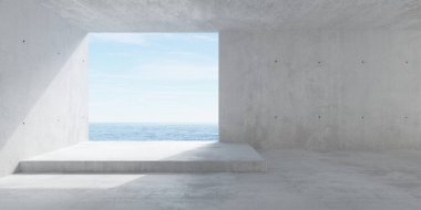 Soyut boş, modern beton oda kare açıklığı, güneş ışığı ve okyanus manzaralı platform - endüstriyel iç mekan şablonu, 3 boyutlu illüstrasyon