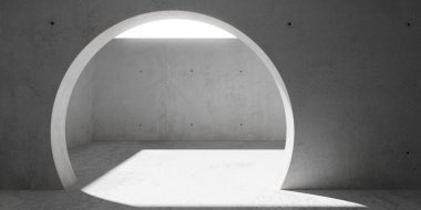 Geniş avlu ve kaba zemine açılan yuvarlak yuvarlak, soyut, modern beton oda - endüstriyel iç plan şablonu, 3D illüstrasyon