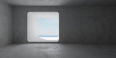 Soyut boş, modern beton oda. Arka duvarı ve okyanus manzarası geniş. Endüstriyel iç plan şablonu, 3 boyutlu illüstrasyon.